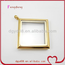 popular fashion stainless steel gold plated square magnetic glass locket pendant set with stones